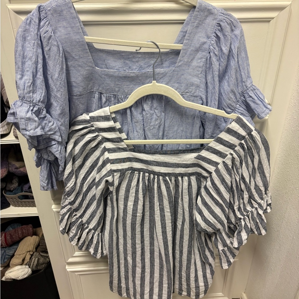 Beach lunch lounge linen cotton top blue stripe Medium Boho - Picture 4 of 4
